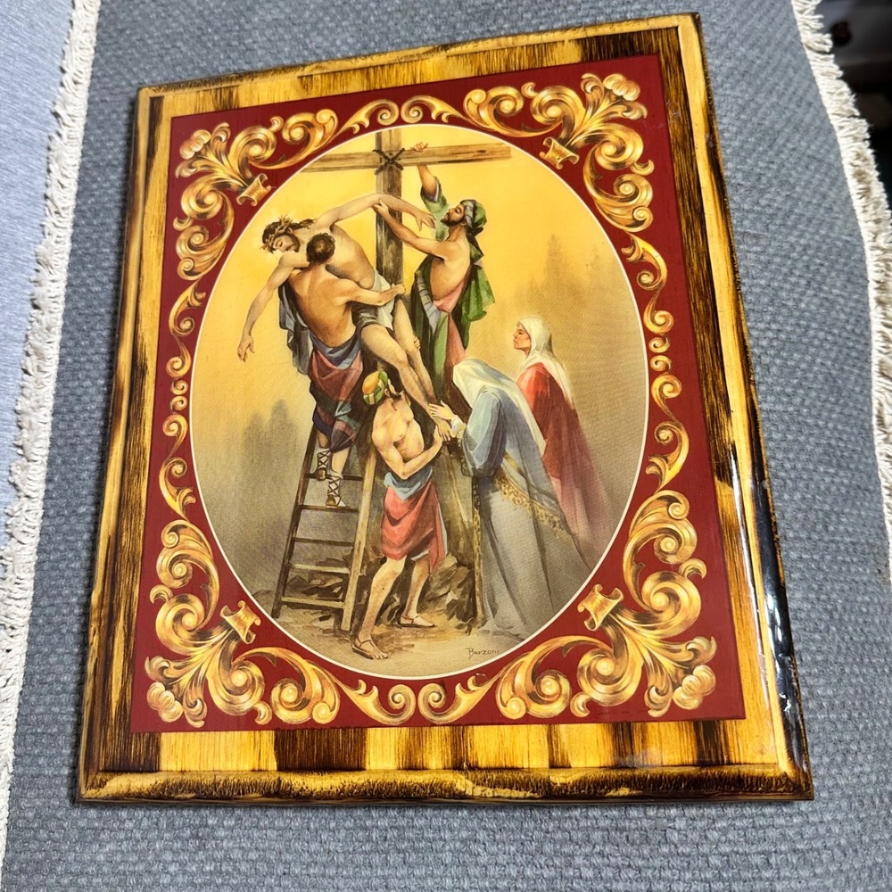 Vintage Barzoni Descent From The Cross Religious Wood Plaque Lacquered 12x9.5